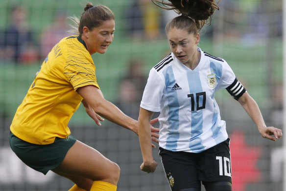 Laura Alleway takes on Estefania Banini of Argentina during the Cup of Nations match at AAMI Park in Melbourne earlier this year.