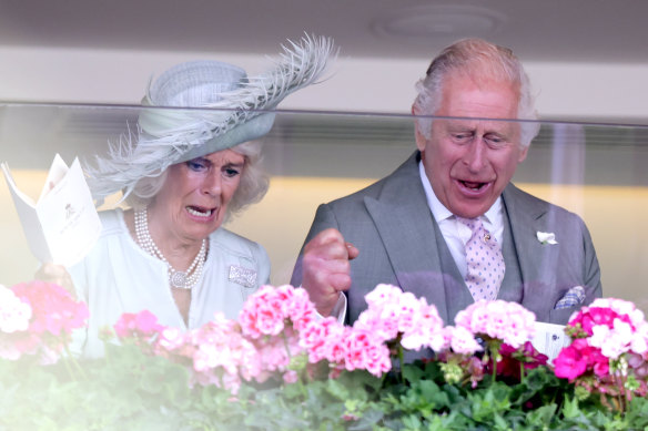 King Charles III and Queen Camilla watch their horse Desert Hero win at Royal Ascot.