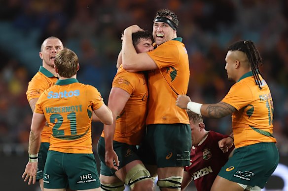 Wallabies Jeremy Williams and Nick Frost celebrate after a penalty in the third Test against the British and Irish Lions.