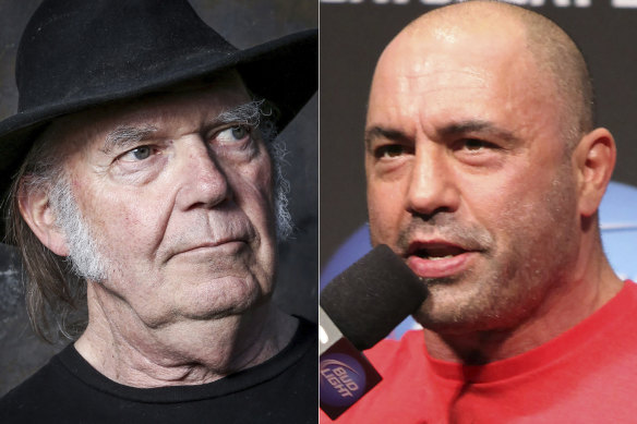 The Canadian star Neil Young, left, has pulled his music from Spotify because of segments on Joe Rogan’s podcast.