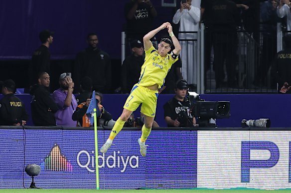 Cristiano Ronaldo of Al Nassr launches into his “Siuuu” celebration after scoring a goal.