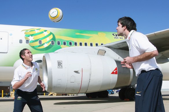 Mark Milligan (left) with Michael Beauchamp at the announcement of the Socceroos squad for the 2006 World Cup.