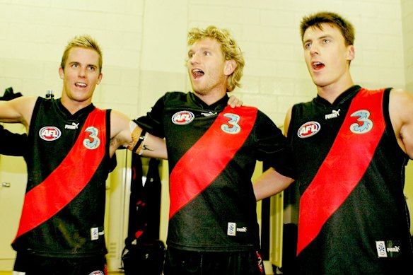 Andrew Welsh, James Hird and Matthew Lloyd in 2004, the year Essendon last won a final.