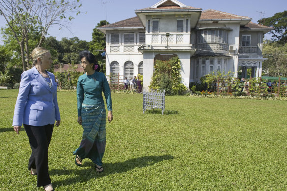 Then-US secretary of state Hillary Clinton with Aung San Suu Kyi at the Yangon residence in 2011.