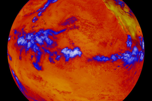A false-colour image from 2001 showing where more or less heat, measured in long-wave radiation, was emanating.  The thermal radiation leaving the oceans is fairly uniform. The blue represent thick clouds, the top of which are cold.