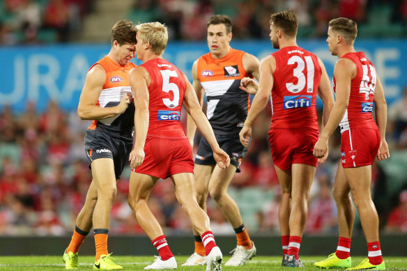 Toby Greene and Isaac Heeney butting heads back in 2017.