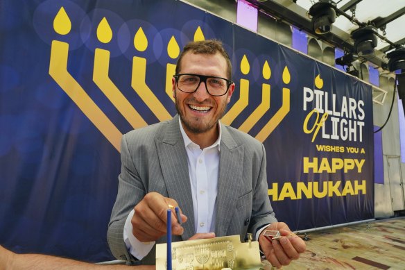 Rabbi Gabi Kaltmann in Federation Square for the Pillars of Light event. 