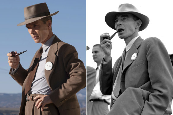 Cillian Murphy as physicist Dr J. Robert Oppenheimer in a scene from Oppenheimer, left, and the real Oppenheimer on  the test ground for the atomic bomb in 1945.