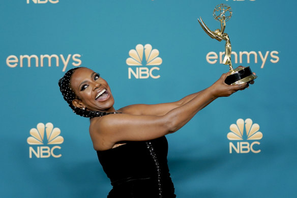 Sheryl Lee Ralph poses in the press room with the award for outstanding supporting actress in a comedy series for Abbott Elementary.