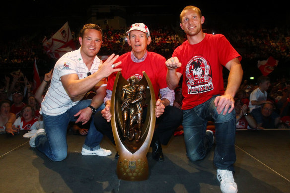 Dean Young and Wayne Bennett after their grand final win at the Dragons in 2010.