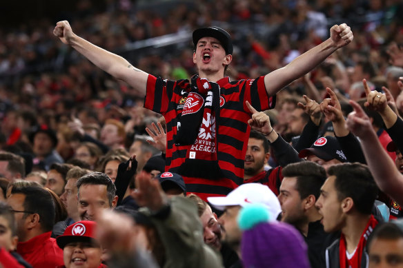 Fans at a Western Sydney Wanderers v Sydney FC derby in 2016.