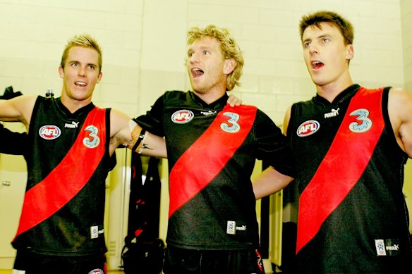 Andrew Welsh, James Hird and Matthew Lloyd in their playing days at Essendon in 2004.
