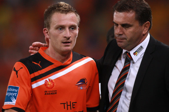  Besart Berisha and Ange Postecoglou during their time together at Brisbane Roar in 2011.