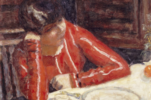 Pierre Bonnard, The red blouse (Marthe Bonnard), 1925 (detail).