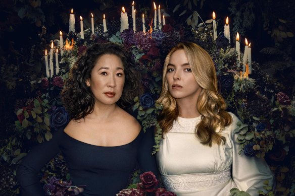 Sandra Oh as Eve Polastri and Jodie Comer as Villanelle in Killing Eve.