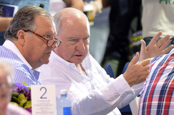 John Messara (left) with Alan Jones at the Magic Millions Yearling Sale Day on the Gold Coast in 2016. 