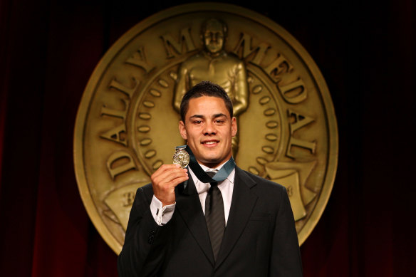 Jarryd Hayne collects the first of his two Dally M Medals in 2009.