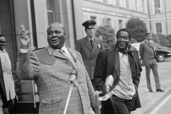 Robert Mugabe, right, pictured with fellow Black National Front leader Joshua Nkomo in Geneva, Switzerland, in 1976.