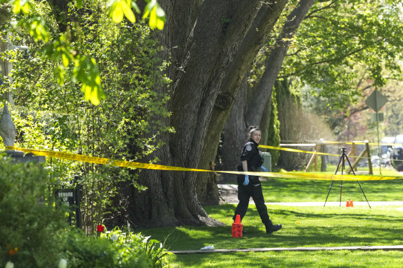 Toronto Police investigate a shooting outside the mansion of rapper Drake in Toronto’s Bridle Path neighborhood.