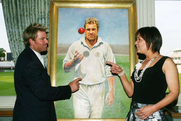 Artist Fanny Rush with Shane Warne during the unveiling of his portrait in the Long Room at Lords, London, in 2005.
