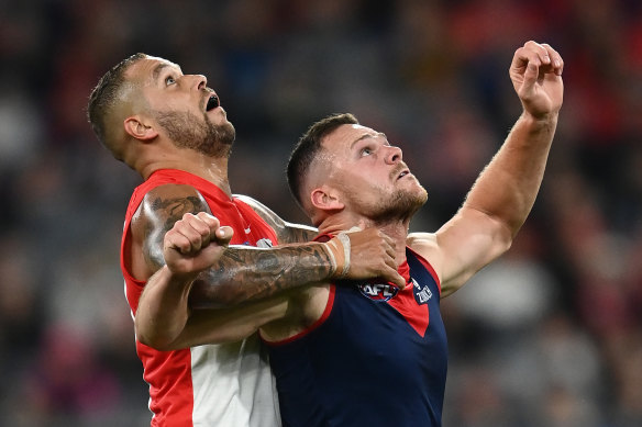Lance Franklin and Steven May square off on Saturday night.