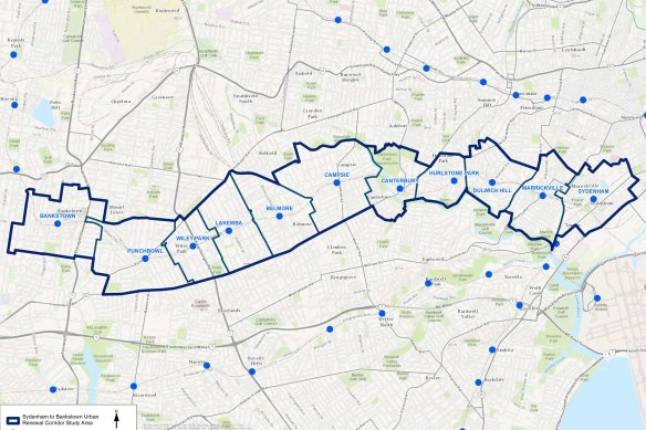 A map showing the Sydenham to Bankstown Urban Renewal Corridor Study Area.