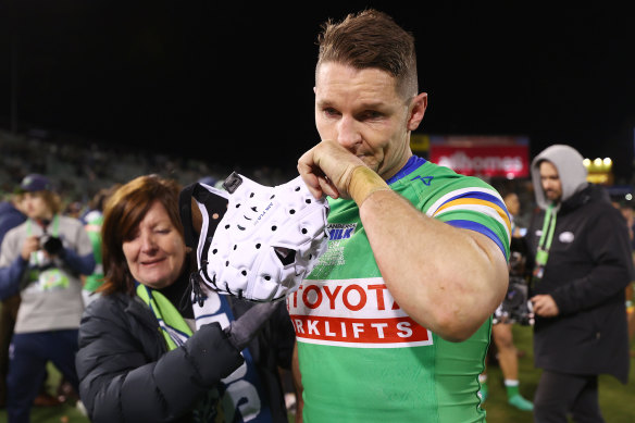 Emotions get the better of Jarrod Croker as he embraces him mum after his 300th game.