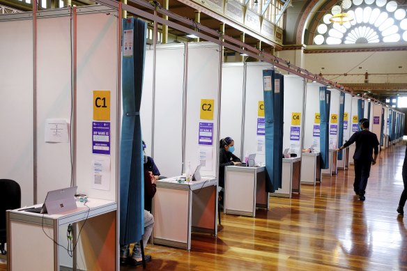 The Royal Exhibition Building vaccination hub in Carlton on Saturday.