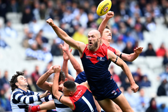 Demons Jake Lever (right) and Max Gawn spoil against the Cats.