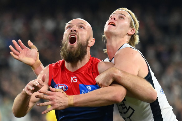 Tom De Koning goes up against Max Gawn on Friday night.