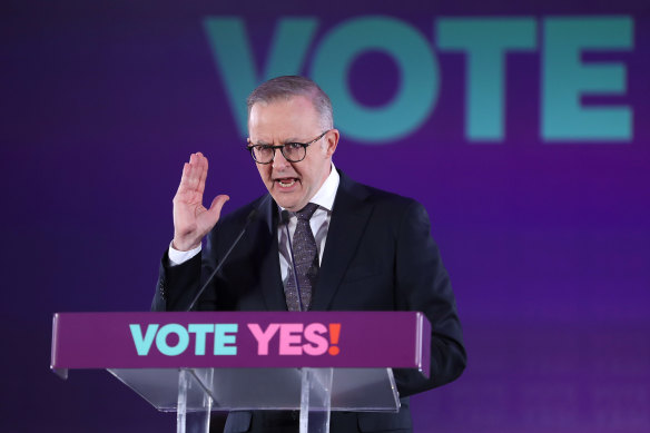 Prime Minister Anthony Albanese during the launch of the Voice referendum date.