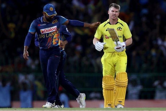David Warner leaves the ground after being stumped for 99 runs.