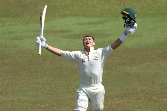 Marnus Labuschagne celebrates after making his century.