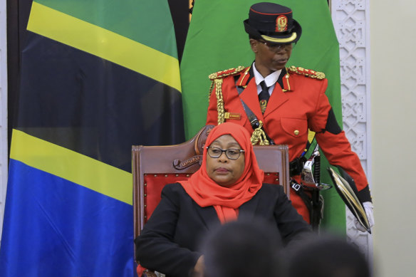 Tanzania’s new president Samia Suluhu Hassan is sworn in at State House in Dar es Salaam.