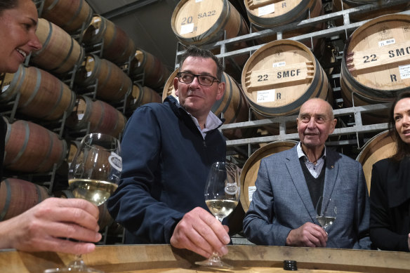 Nothing to celebrate yet: Premier Daniel Andrews visiting Brown Brothers Winery on Monday.