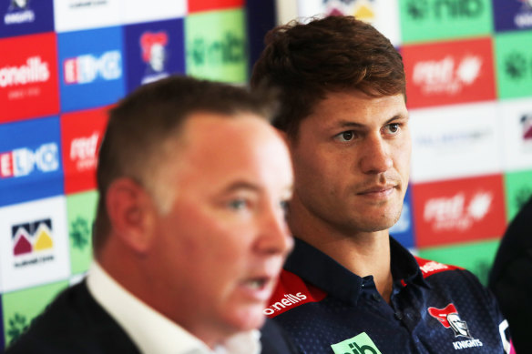 Newcastle coach Adam O’Brien with star player Kalyn Ponga.