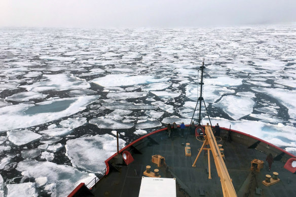 Breaking up: The US Coast Guard Icebreaker Healy on a research cruise in the Chukchi Sea of the Arctic Ocean. 
