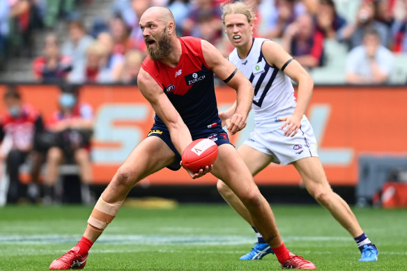Max Gawn in action during Melbourne’s 2021 season-opener against Fremantle.