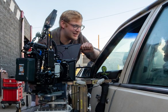 Curry Barker on the set of Obsession.