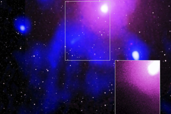 The Ophiuchus galaxy cluster viewed in a composite of X-ray, radio and infrared data. The bottom right image confirmed the record-breaking explosion created a crater so large it could hold 15 Milky Ways.