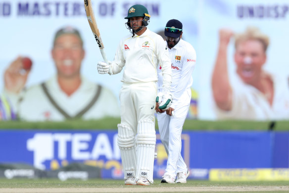 Usman Khawaja brings up his 50 in Galle.