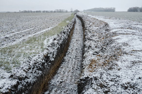 Trenches dug to stop any potential further advance by Ukrainian forces, in Kursk, Russia.