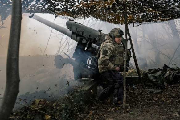 Russian soldiers at an artillery position in the Kursk region, in Russia, in December.