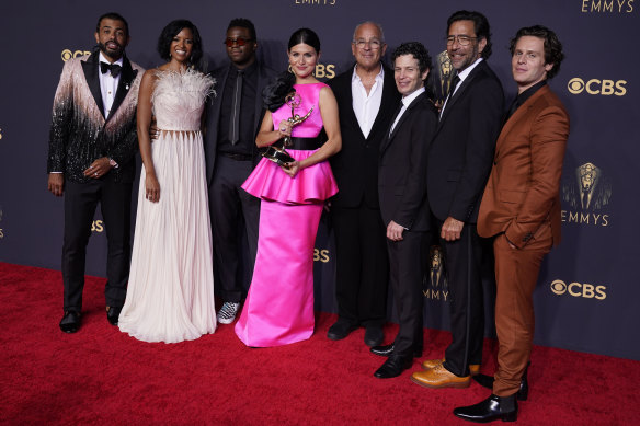 Daveed Diggs, from left, Renée Elise Goldsberry, Okieriete Onaodowan, Phillipa Soo, Jon Kamen, Thomas Kail, Dave Sirulnick and Jonathan Groff, winners of the award for outstanding variety special (pre-recorded) for Hamilton.