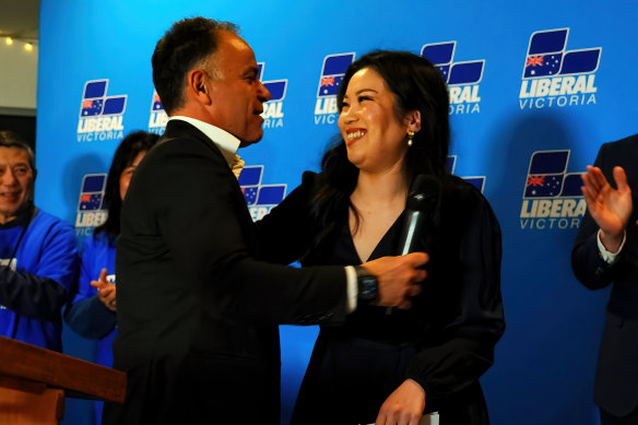 John Pesutto co<em></em>ngratulates Nicole Werner on her win in the Warrandyte byelection on Saturday night.