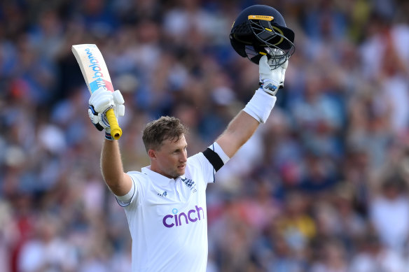 Joe Root celebrates his century on day one.