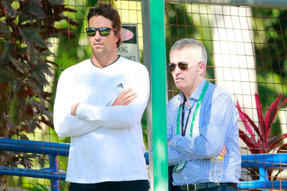 Pat Rafter with Tennis Australia CEO Craig Tiley after Tomic was dumped from the Australian Davis Cup team for making a range of defamatory accusations against the governing body and its staff in 2015.