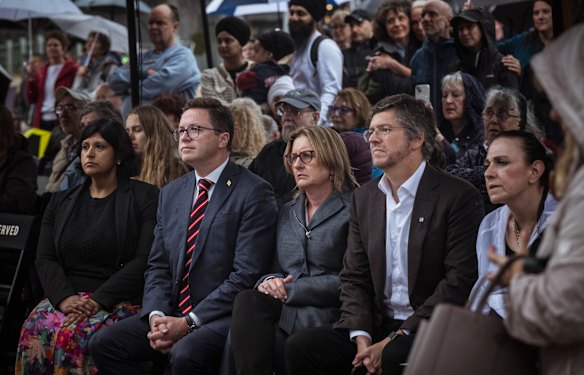 Victorian Premier Jacinta Allan (centre)  at the Pillars of Light festival at Federation Square in Melbourne.