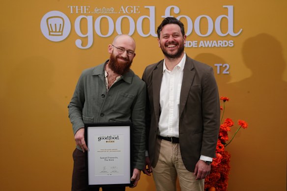 Trailblazer award winner Samuel Fraraccio aka The Brick Chef (left), pictured at The Age Good Food Guide Awards.