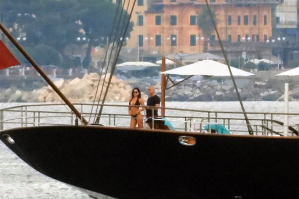 Lauren Sanchez and Jeff Bezos on his yacht off Portofino in 2023.